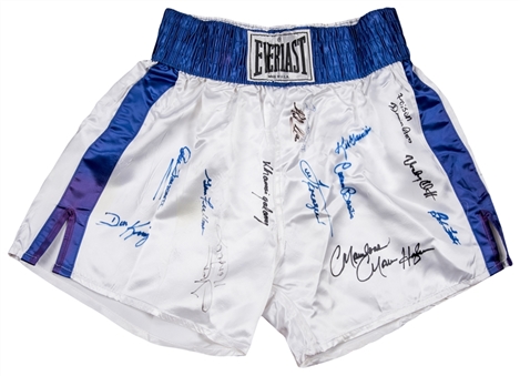 Boxing Greats Multi Signed Everlast Boxing Trunks With 20 Signatures Including Leonard, Hagler & Mosley (JSA)
